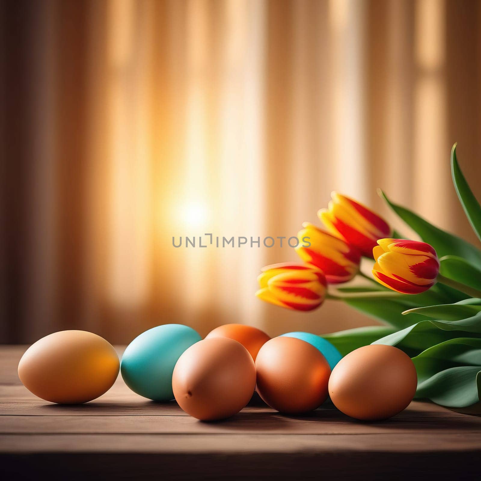 Table with vase of tulips, colorful Easter eggs. Basket of eggs and vase of tulips on kitchen table near window. Happy Easter greeting card, banner, festive background. Blurred background. Copy space