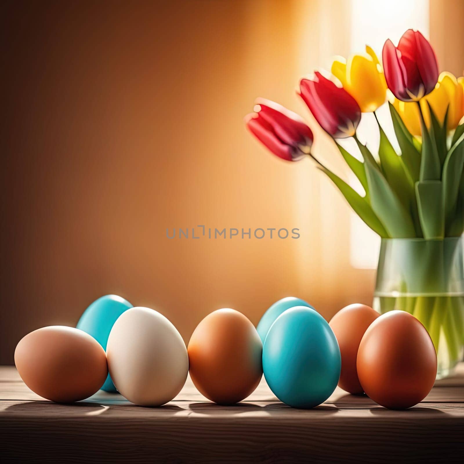 Table with vase of tulips, colorful Easter eggs. Basket of eggs and vase of tulips on kitchen table near window. Happy Easter greeting card, banner, festive background. Blurred background. Copy space