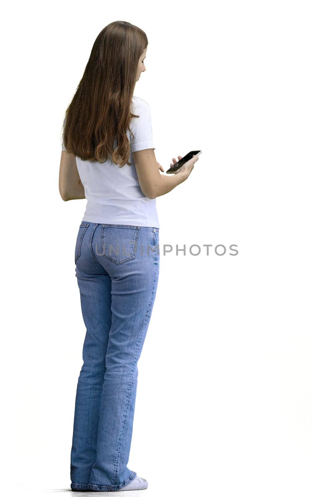 A woman, full-length, on a white background, with a phone by Prosto