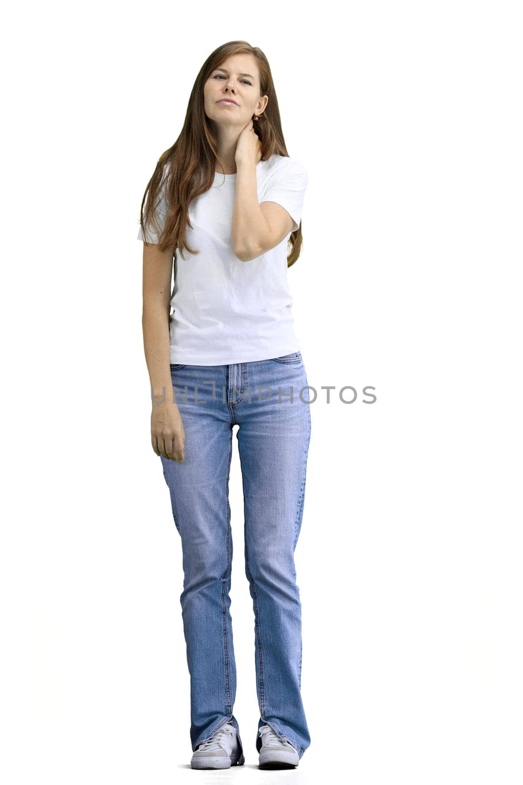 A woman, full-length, on a white background, tired.