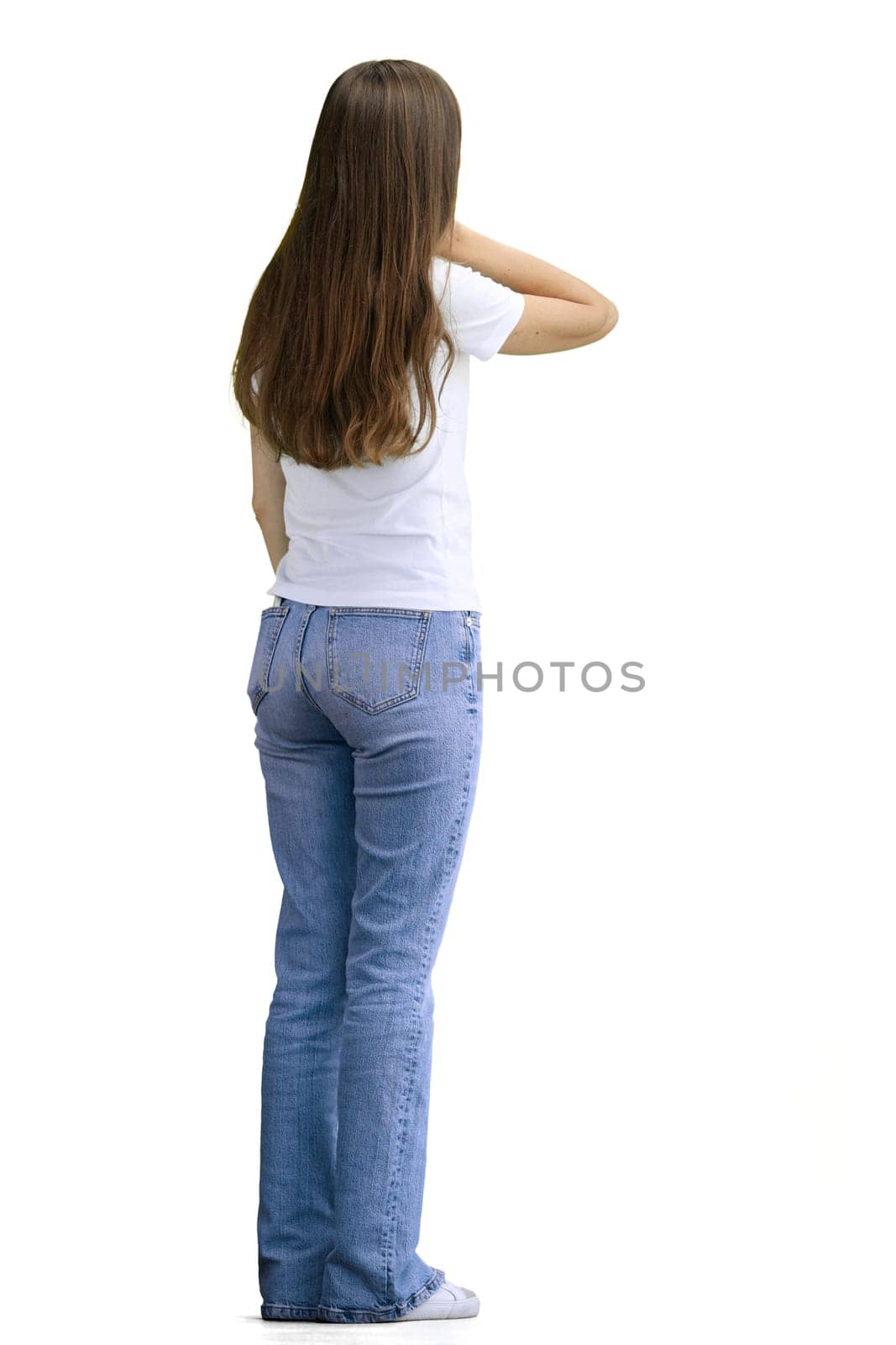 A woman, full-length, on a white background, tired by Prosto