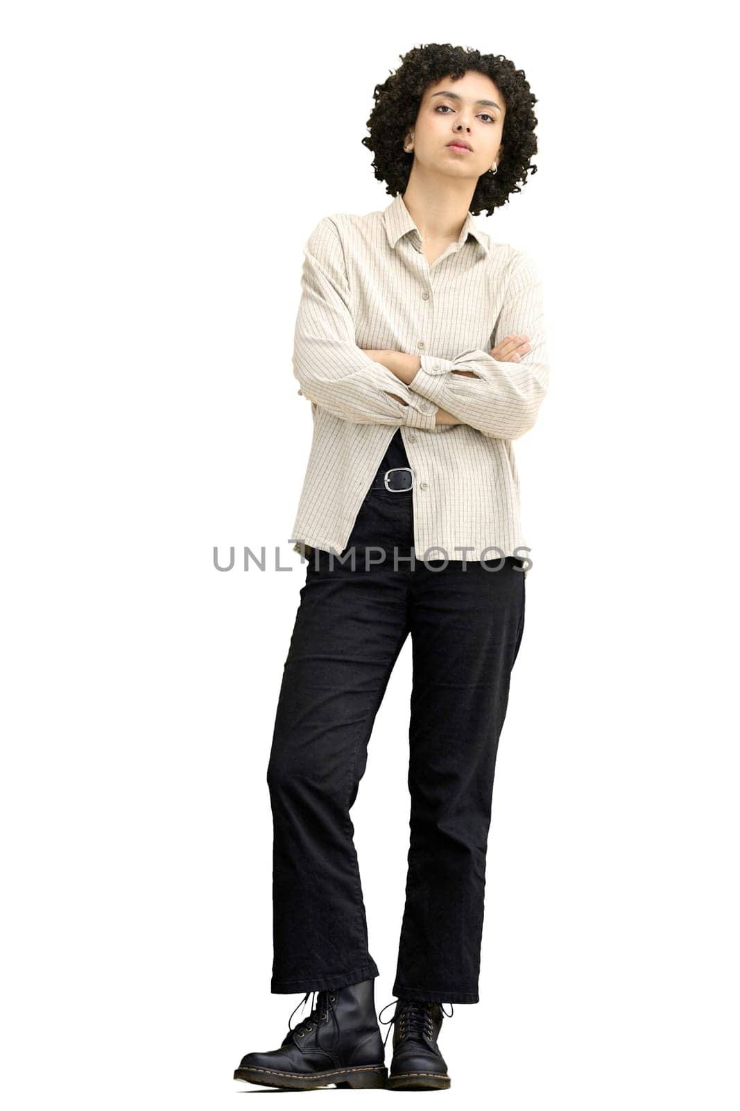 A woman, full-length, on a white background, crossed her arms by Prosto