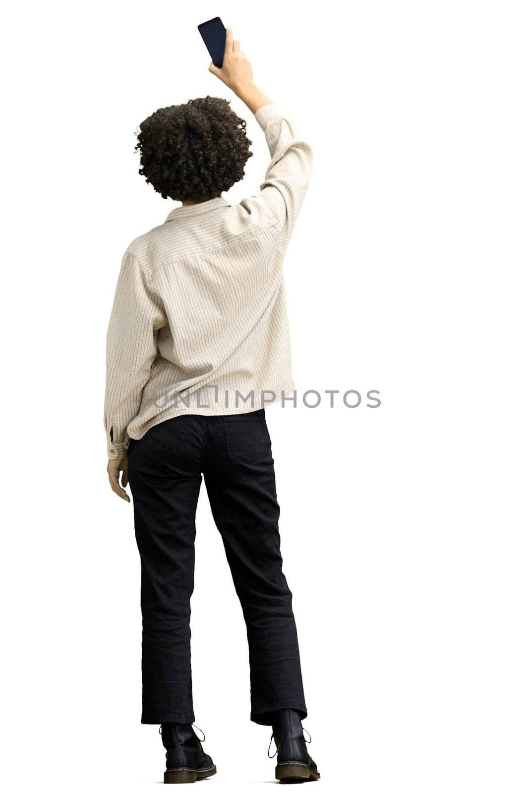 A woman, full-length, on a white background, waving her phone by Prosto