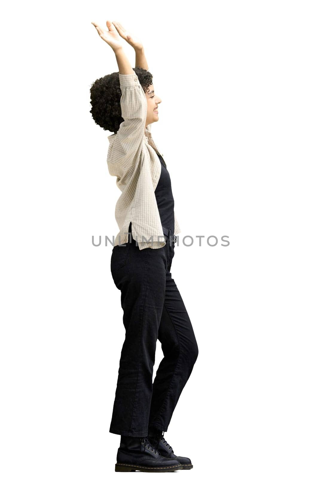 A woman, full-length, on a white background, waving her arms by Prosto
