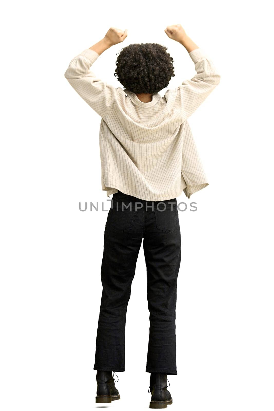A woman, full-length, on a white background, raised her hands up by Prosto