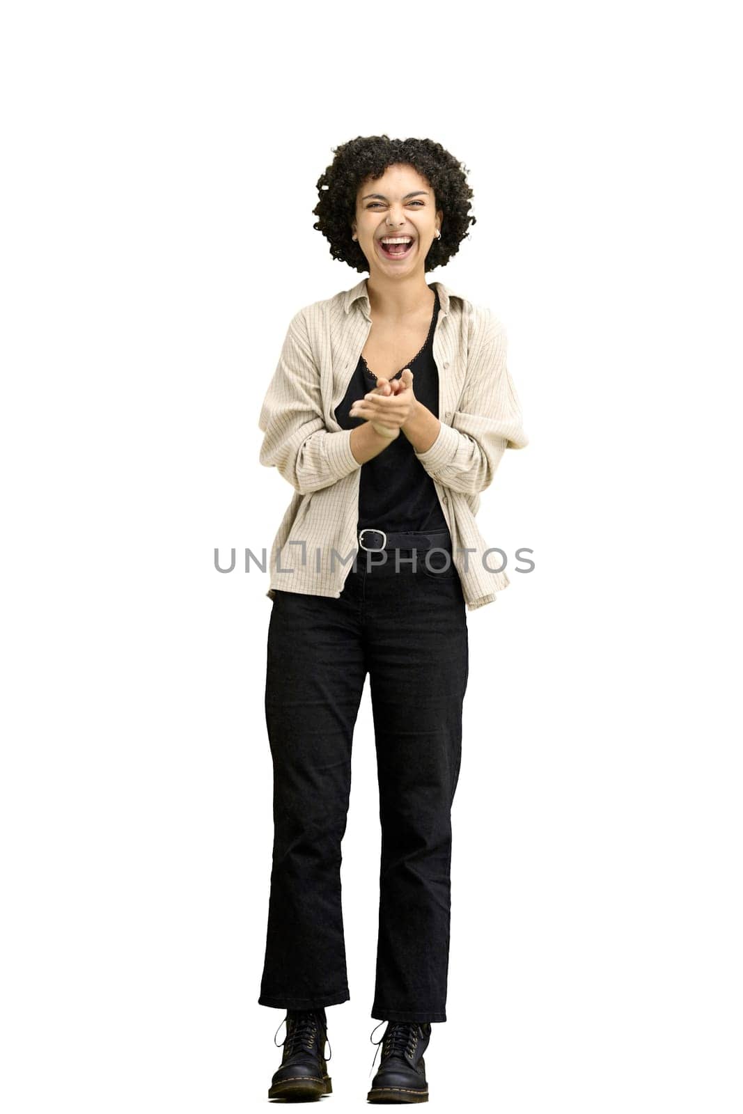 A woman, full-length, on a white background, claps by Prosto