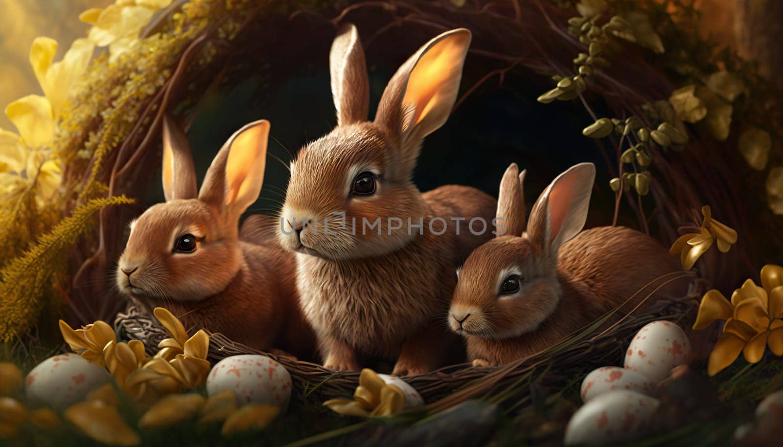 Three adorable bunnies nestled among Easter eggs and spring flowers