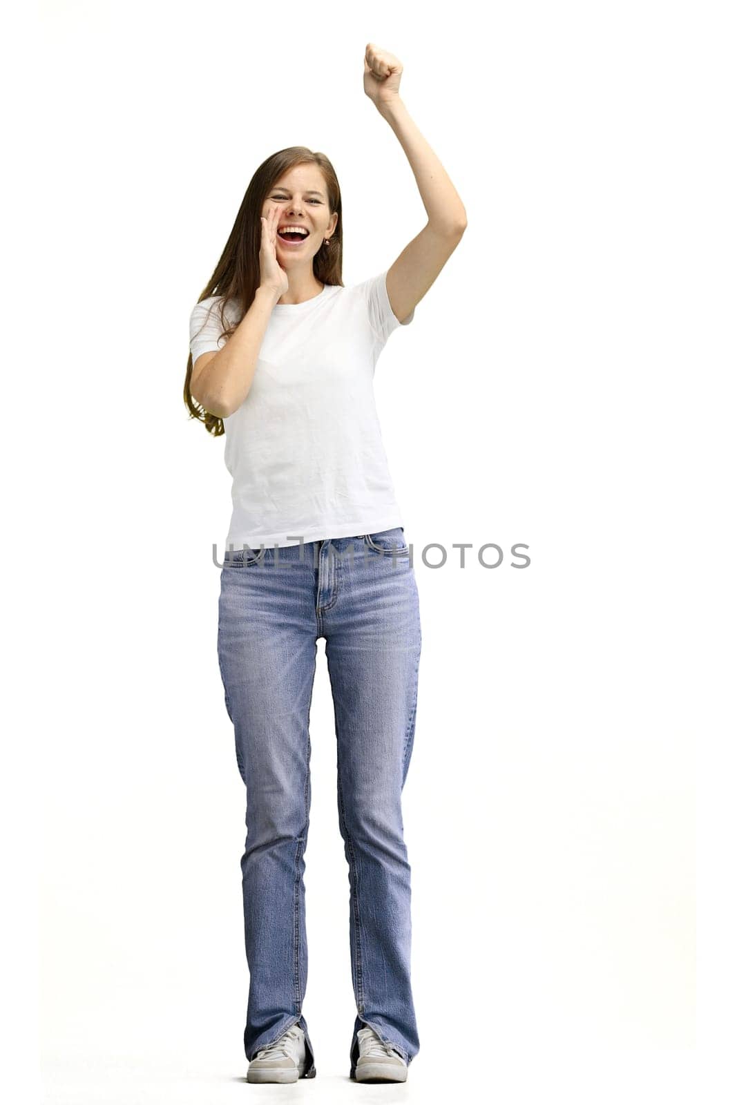 A woman, full-length, on a white background, rejoices by Prosto