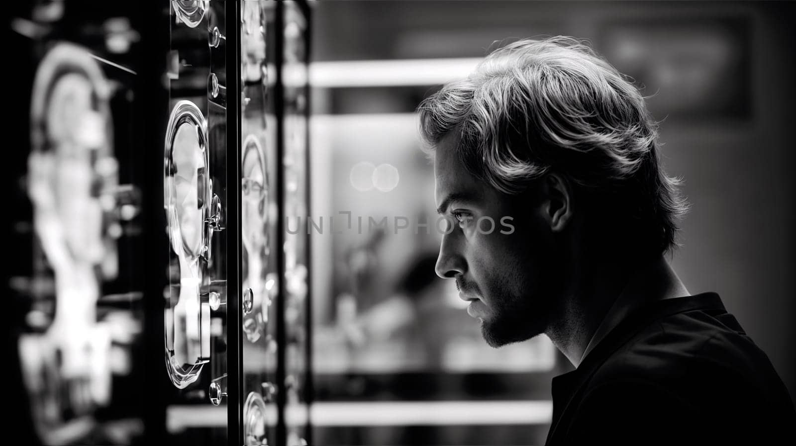 scientist staring intently at a computer screen, lost in thought by chrisroll