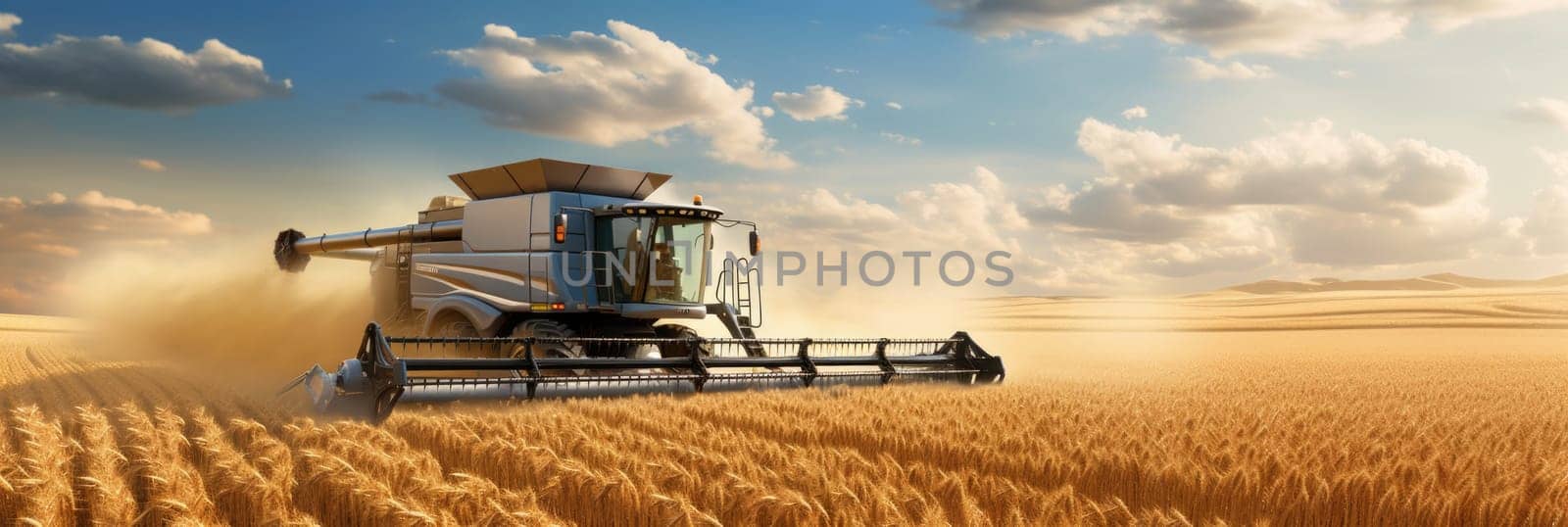 Harvesting Wheat With a Combine in a Wheat Field. Generative AI. by but_photo