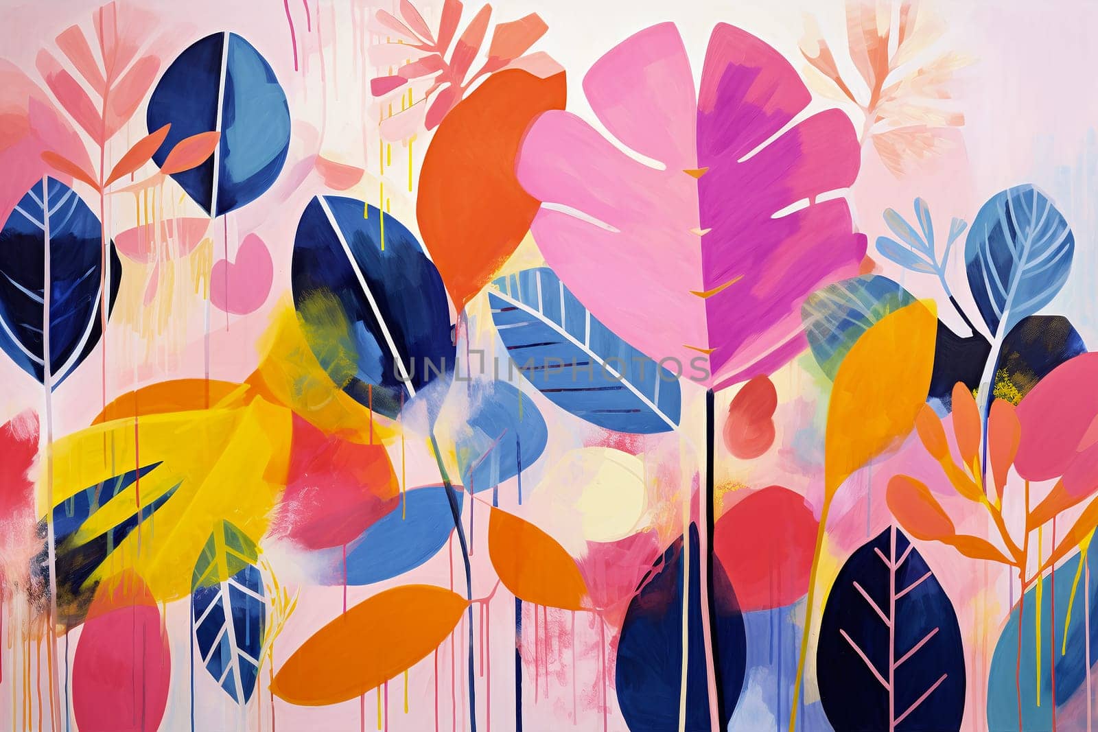 vibrant abstract painting featuring stylized floral elements in a rich palette of pink, blue, and yellow tones.