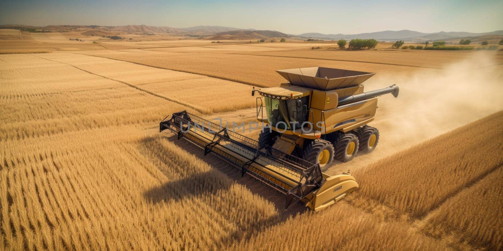 A combine harvester efficiently gathering ripe wheat in a vast field.