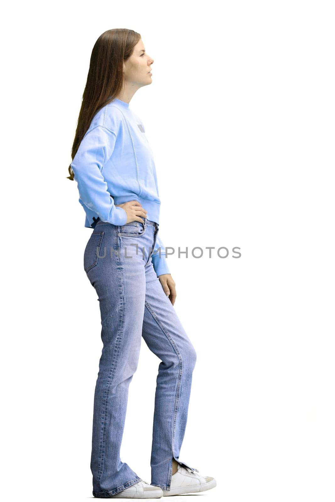 A woman, full-length, on a white background, spreads her arms by Prosto