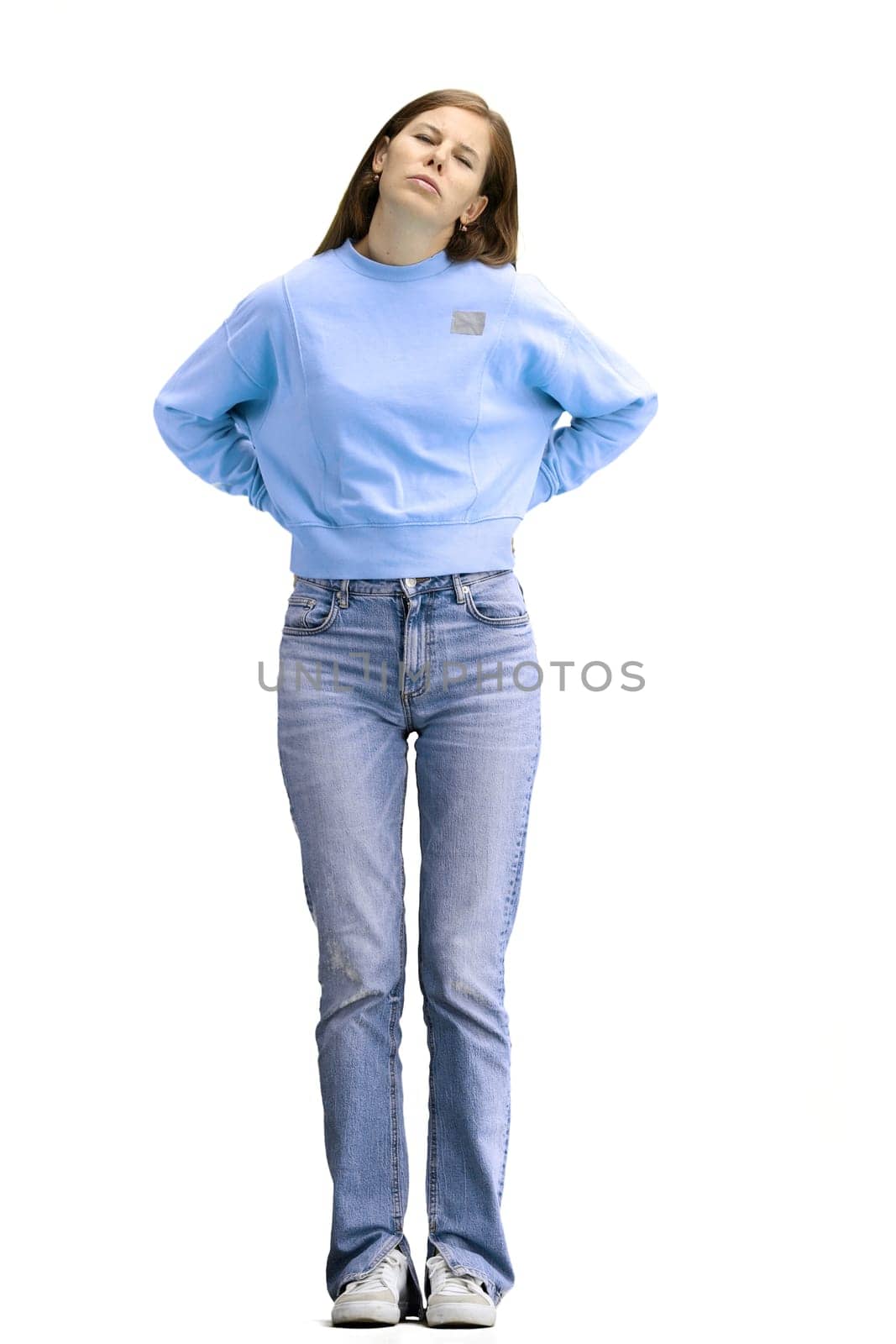 A woman, full-length, on a white background, hands on her belt by Prosto