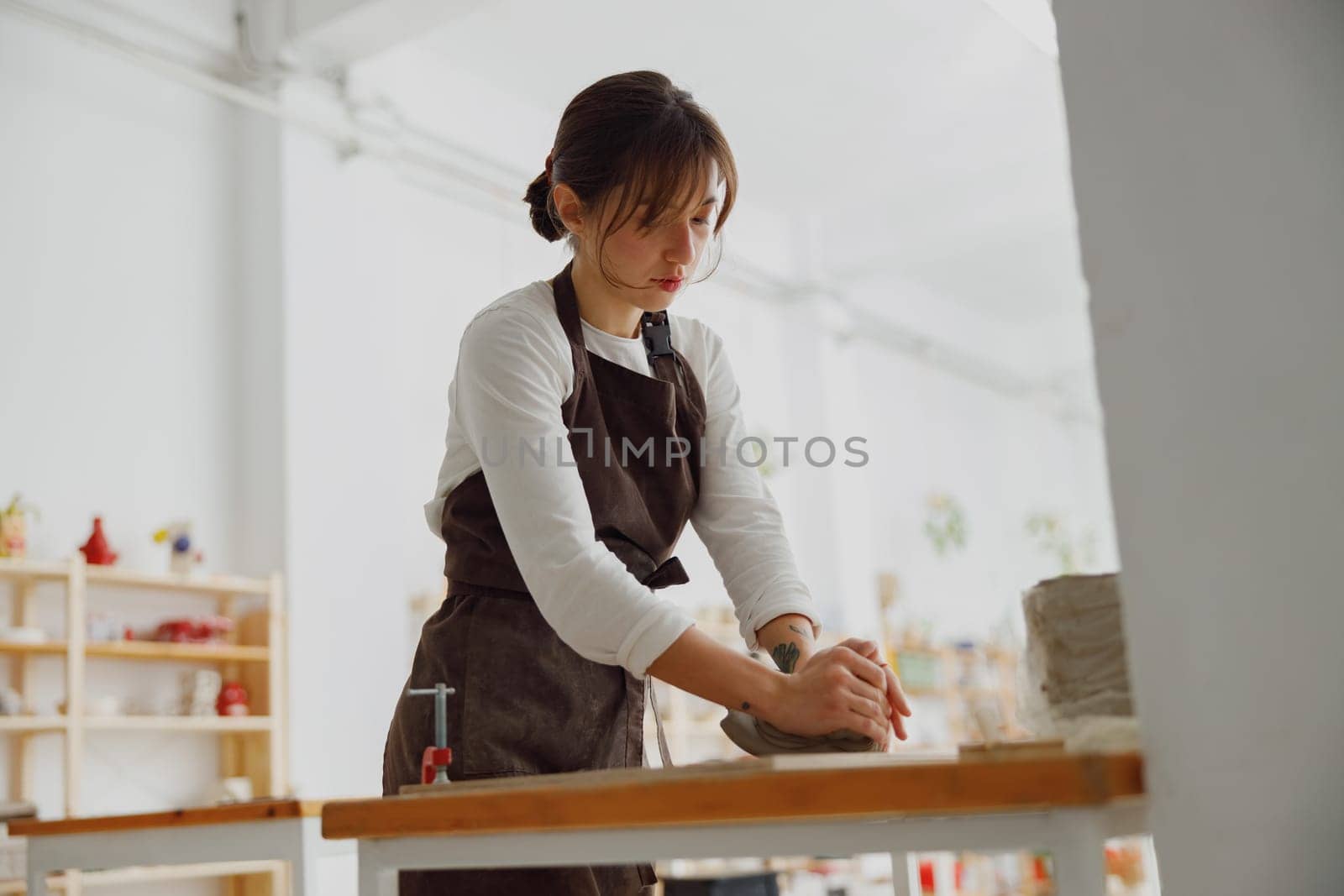 Professional female potter in apron kneads piece of clay with her hands on table in studio by Yaroslav_astakhov