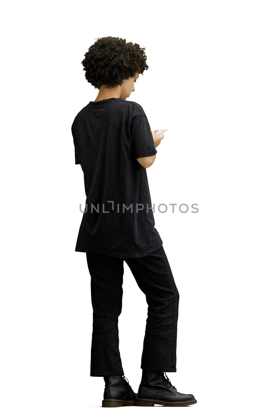 A woman, full-length, on a white background, with a phone by Prosto