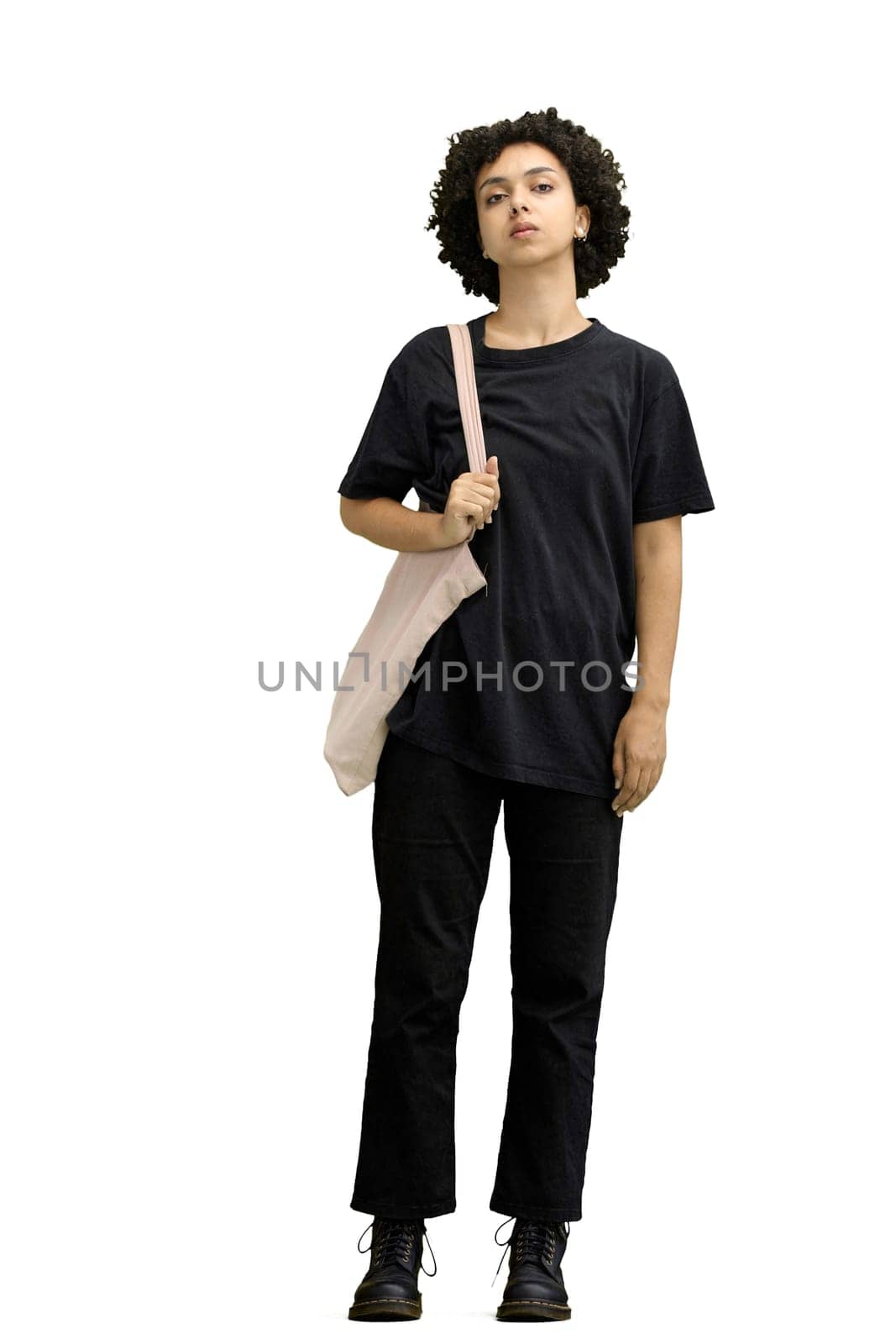 A woman, full-length, on a white background, with a bag.