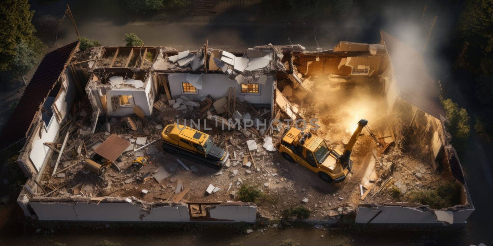 An overhead shot capturing the aftermath of a house demolition, showcasing the wreckage of the destroyed building.