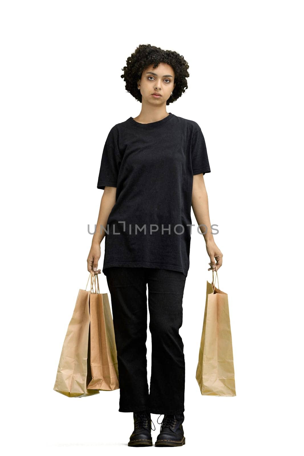 A woman, full-length, on a white background, with bags by Prosto