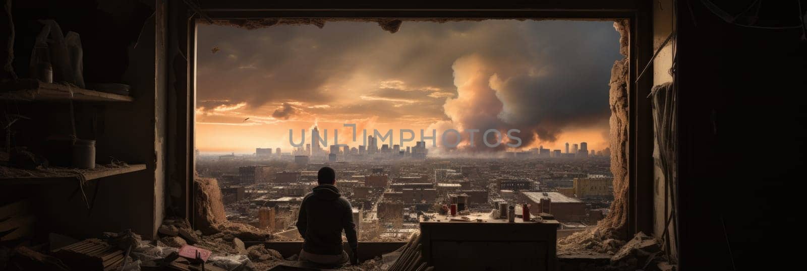 A man stands in front of a window, looking out at a city view with destroyed houses from a house demolition.