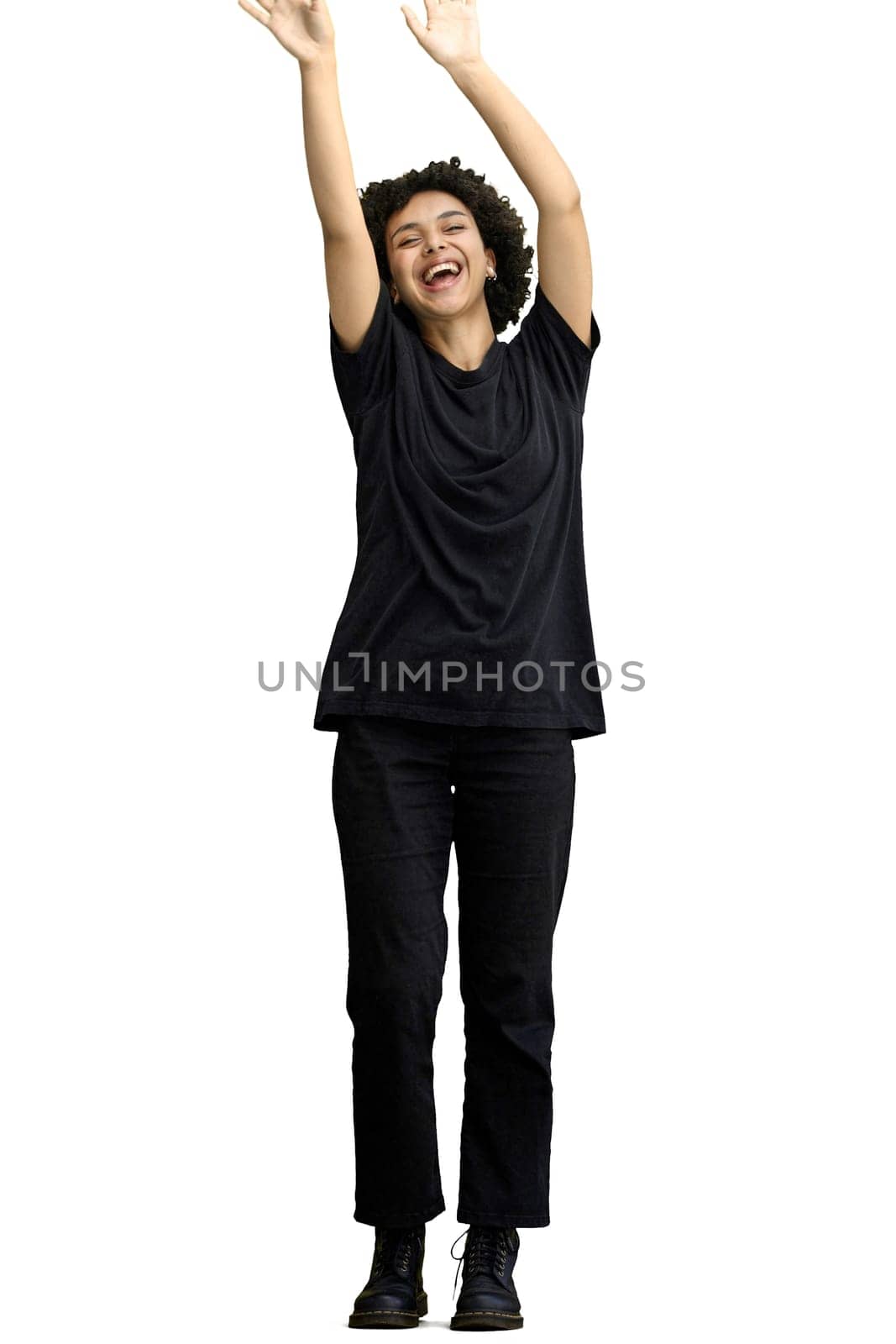 A woman, full-length, on a white background, waving her arms by Prosto