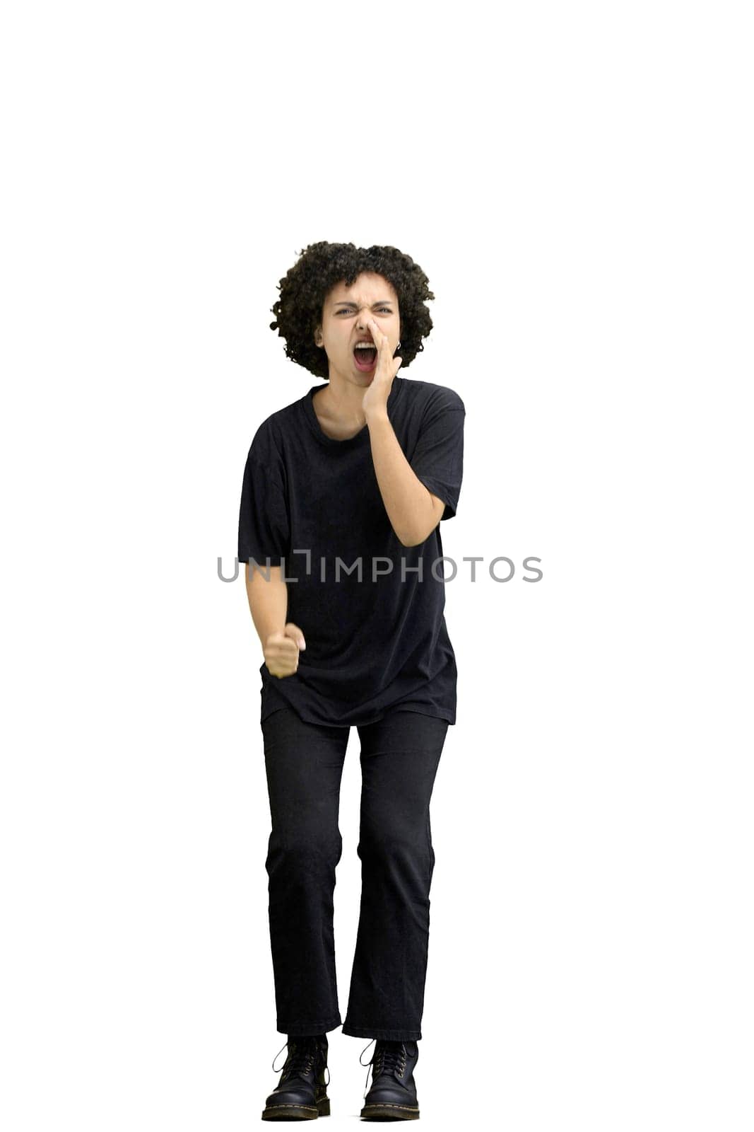 A woman, full-length, on a white background, screams by Prosto