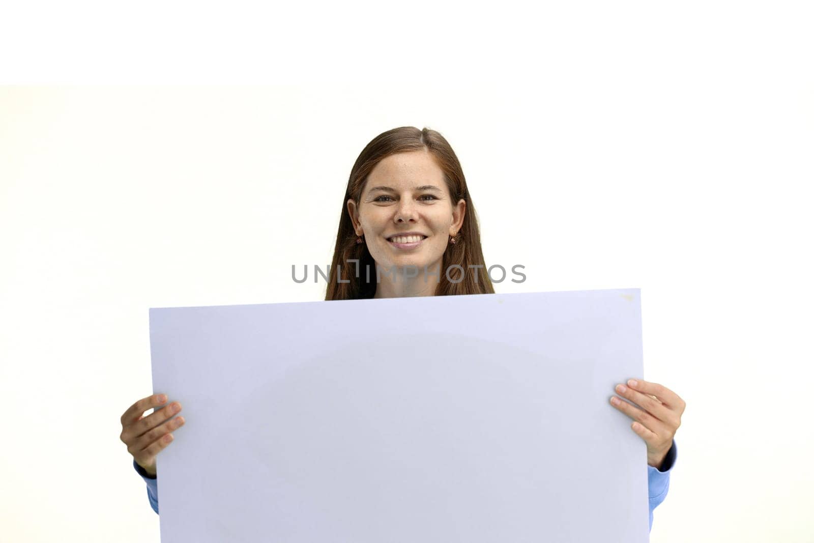 Woman, close-up, on a white background, with a white sheet.
