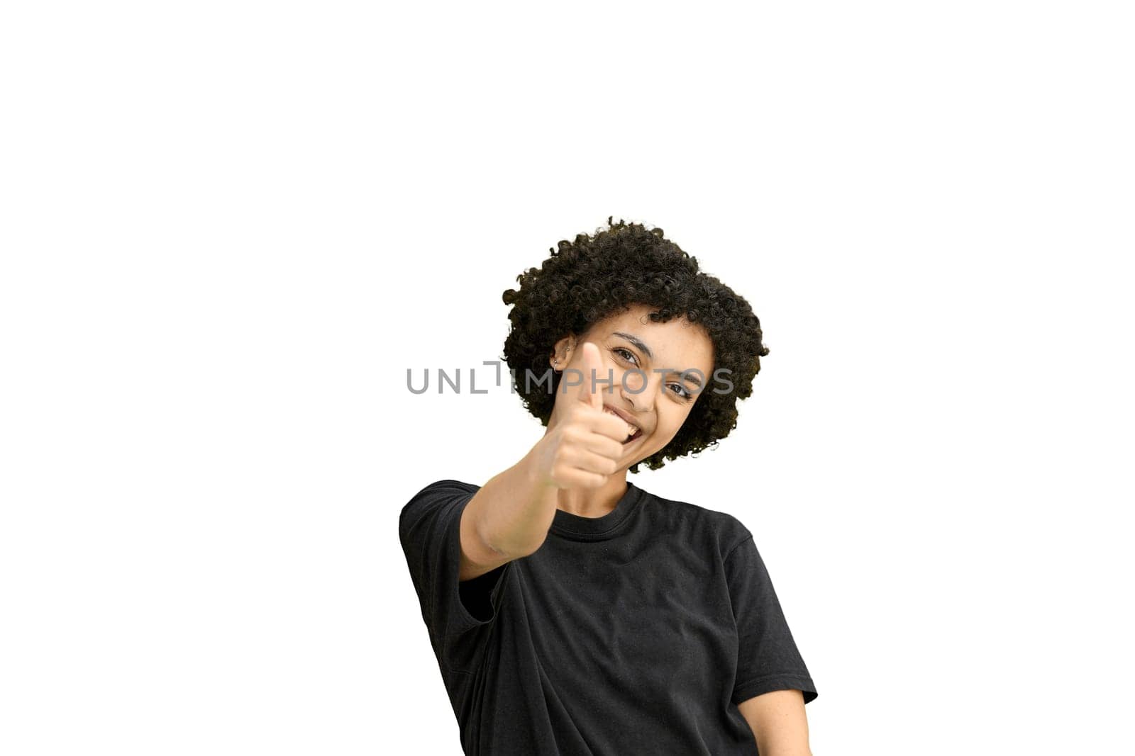 A woman, close-up, on a white background, shows her thumbs up.