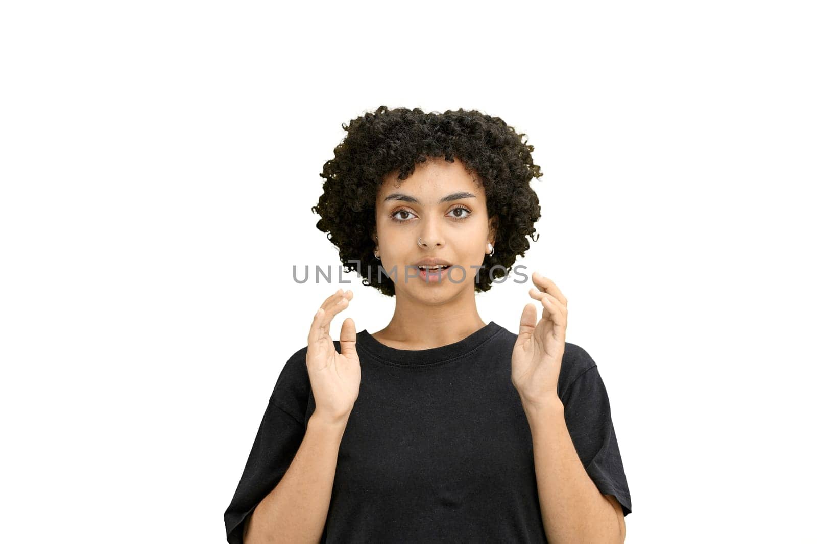 A woman, close-up, on a white background, is surprised by Prosto