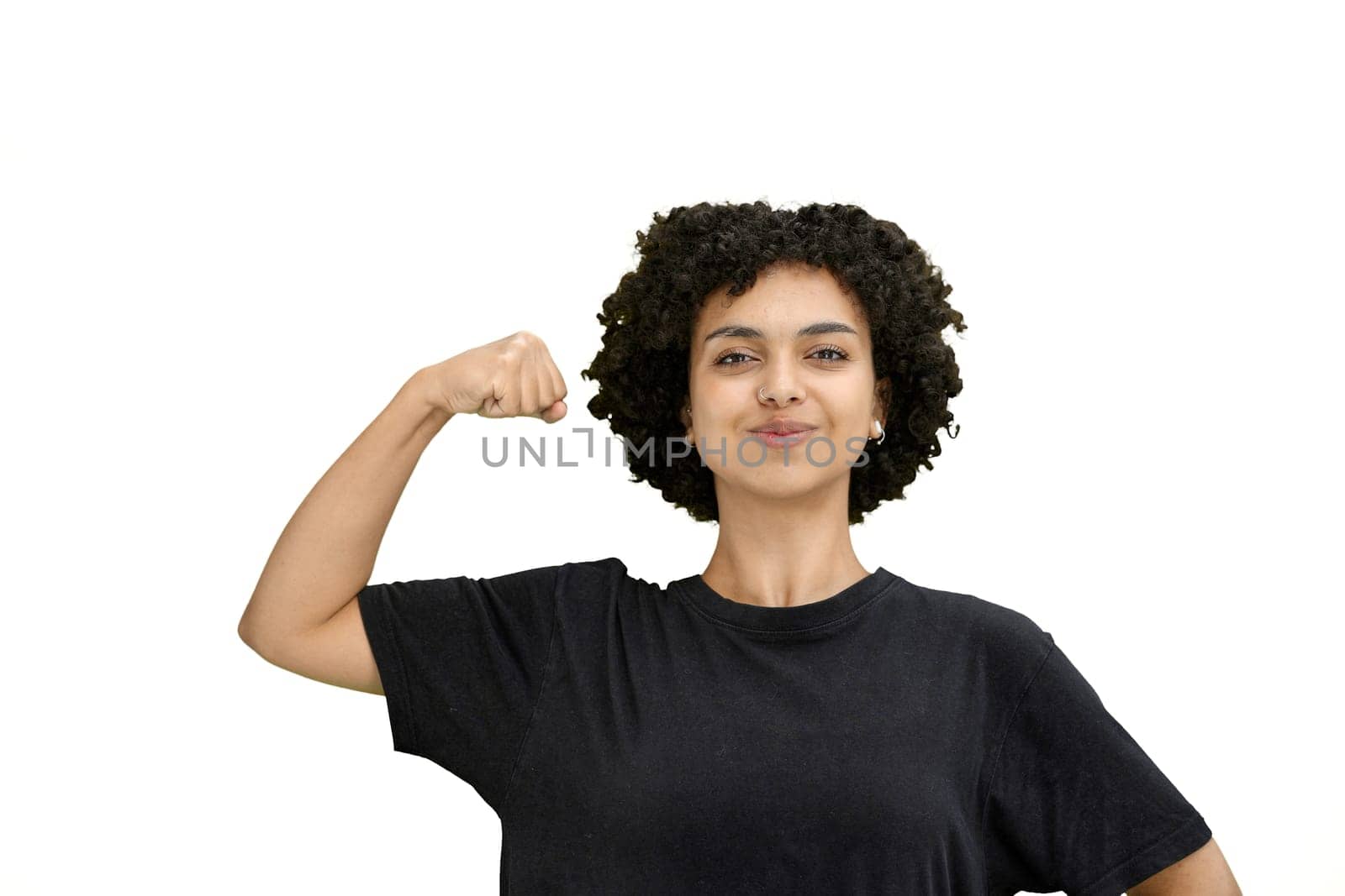 A woman, close-up, on a white background, shows strength by Prosto