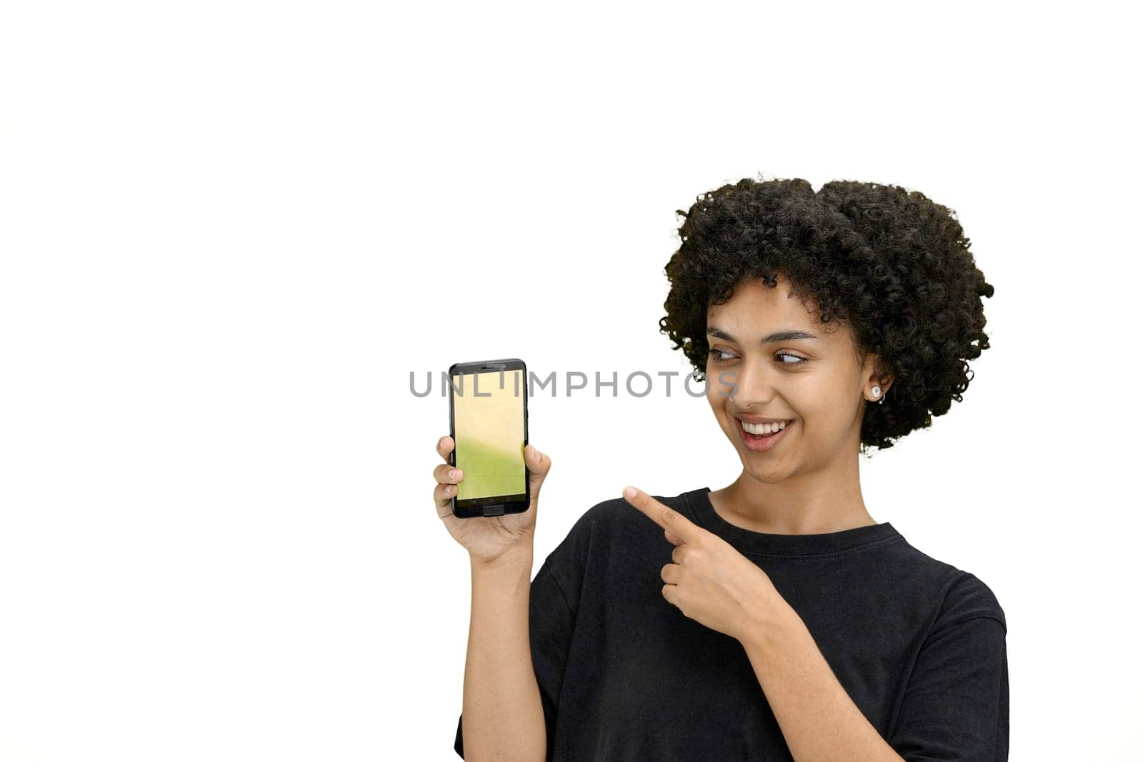 Woman, close-up, on a white background, with a phone.