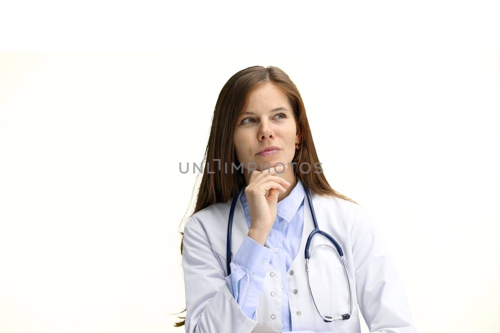 Female doctor, close-up, on a white background, thinking by Prosto