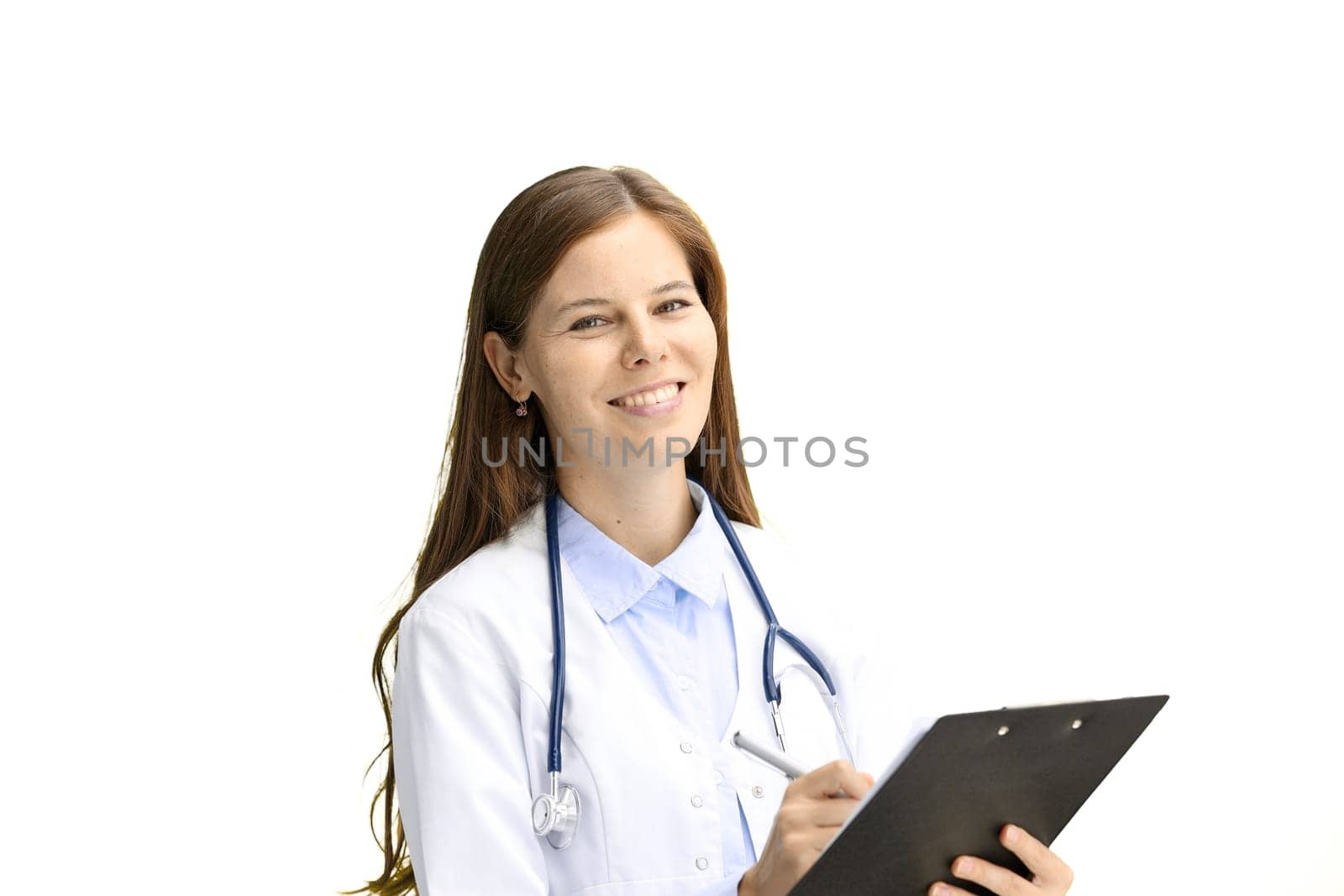 Female doctor, close-up, on a white background, writes by Prosto