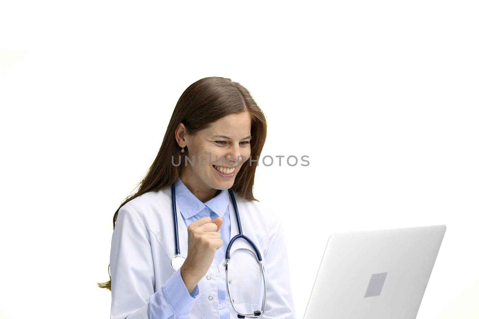 Female doctor, close-up, on a white background, with a laptop.