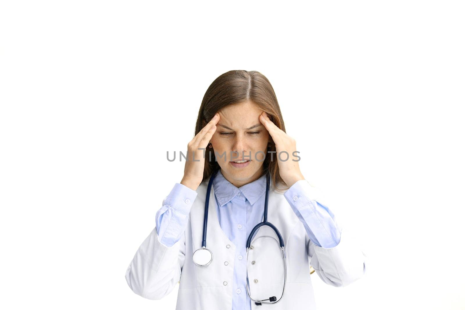 Female doctor, close-up, on a white background, tired by Prosto