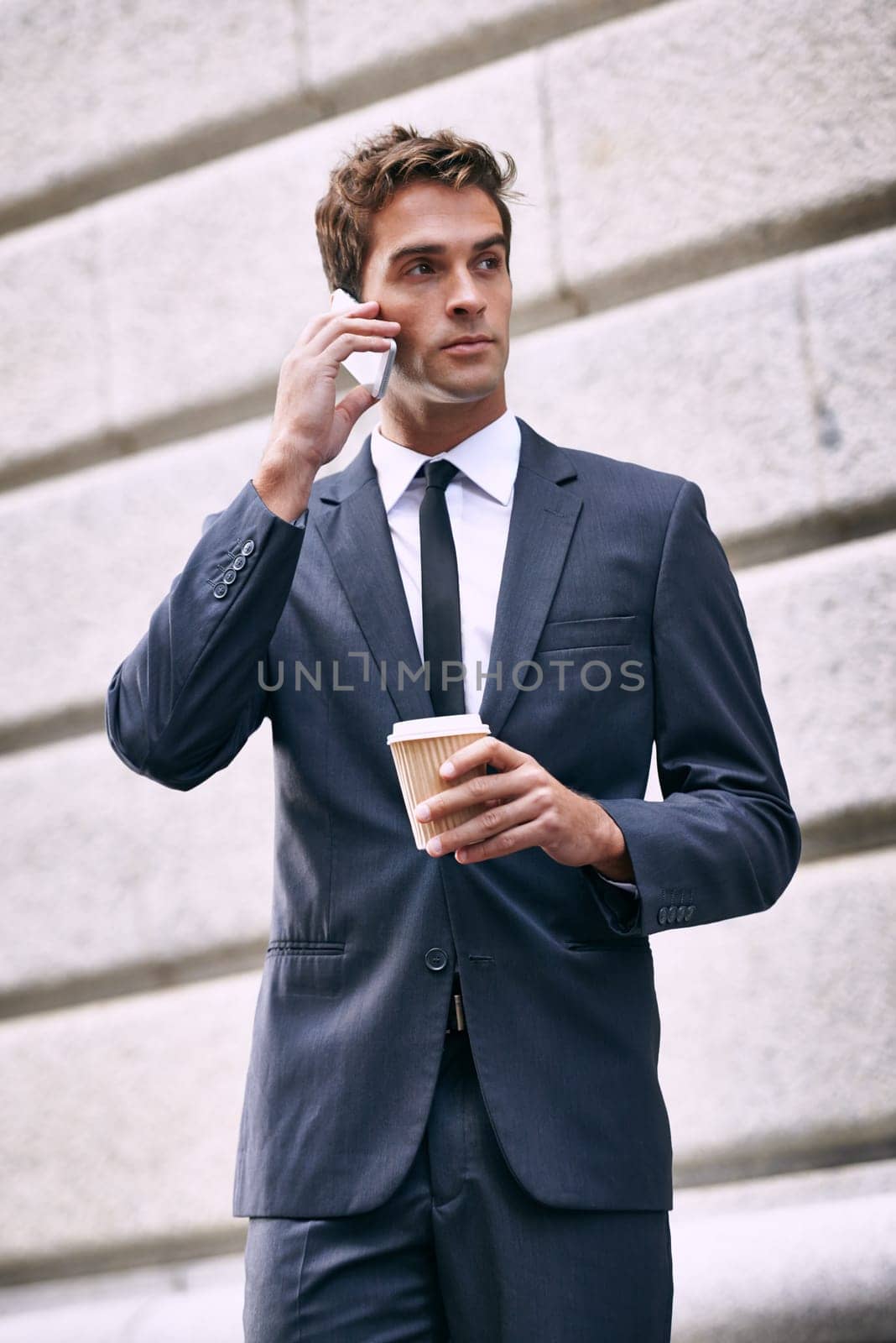 Phone call, coffee and business man in city for corporate, communication and contact. Networking, technology and conversation with male employee in outdoors for feedback, planning and chat.