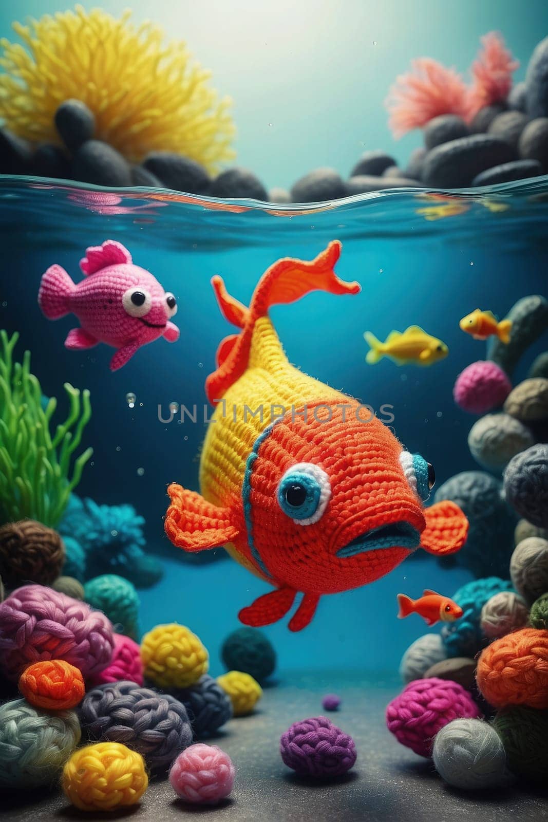 Colorful embroidery clothes fish in aquarium. Underwater world fishes scene. 3d illustration. by Waseem-Creations