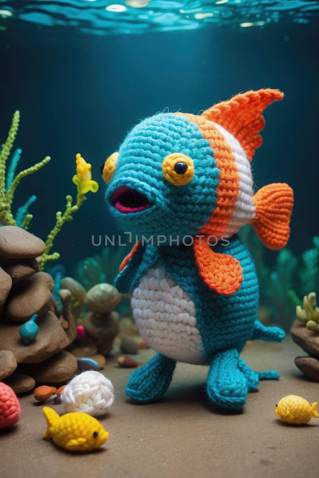 Cute handmade fish with stitched embroidered clothes in the aquarium. Underwater sea world fishes concept. by Waseem-Creations