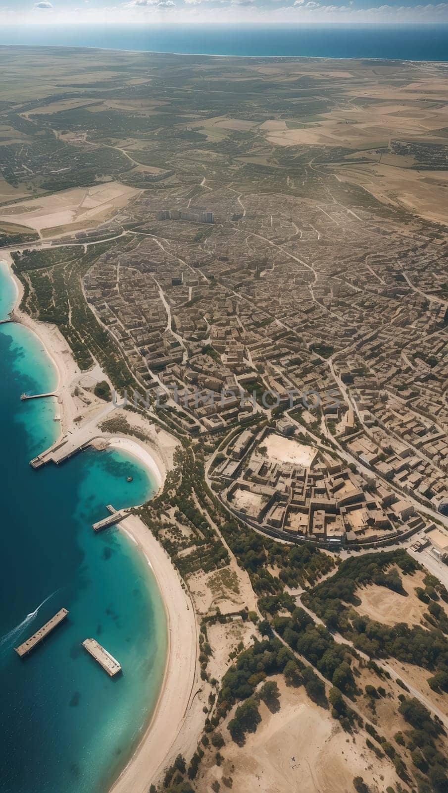 Aerial view of the sbandy beach and lagoon, Sardinia, Italy. AI Generated.