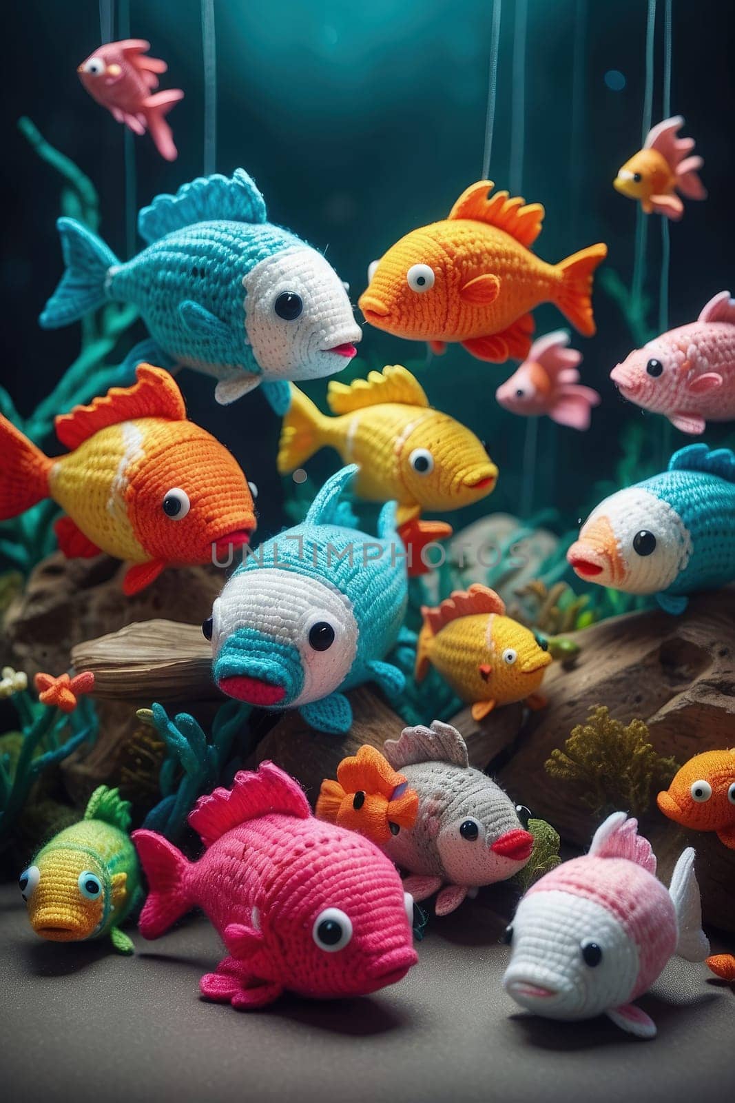 Embroidered dress tropical fish in the aquarium. Fishes wearing stitced clothes in ocean 3D background. AI Generated.