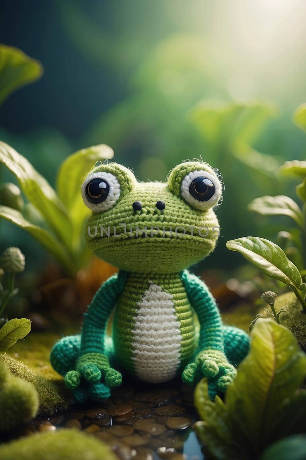 Knitted clothes frog toy sitting on rock with green plants in the background. AI Generated.