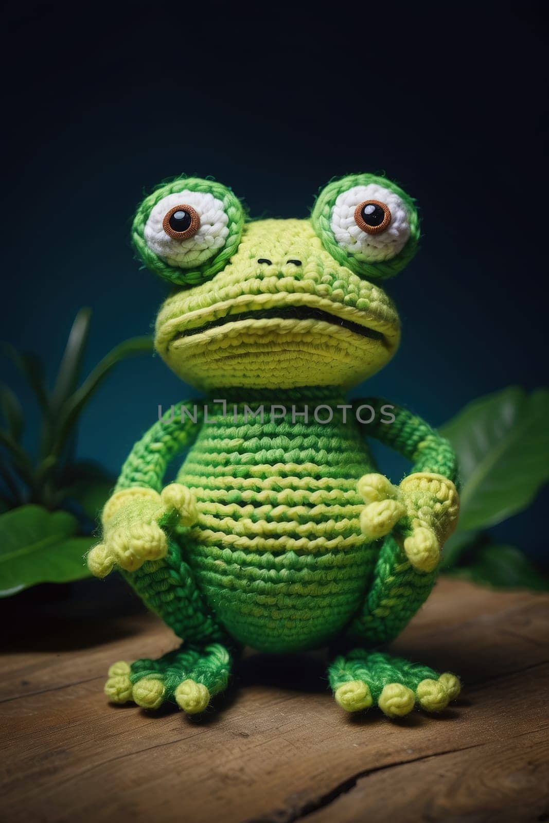 Knit dress toy frog sitting on wooden table with green leaves on dark background by Waseem-Creations