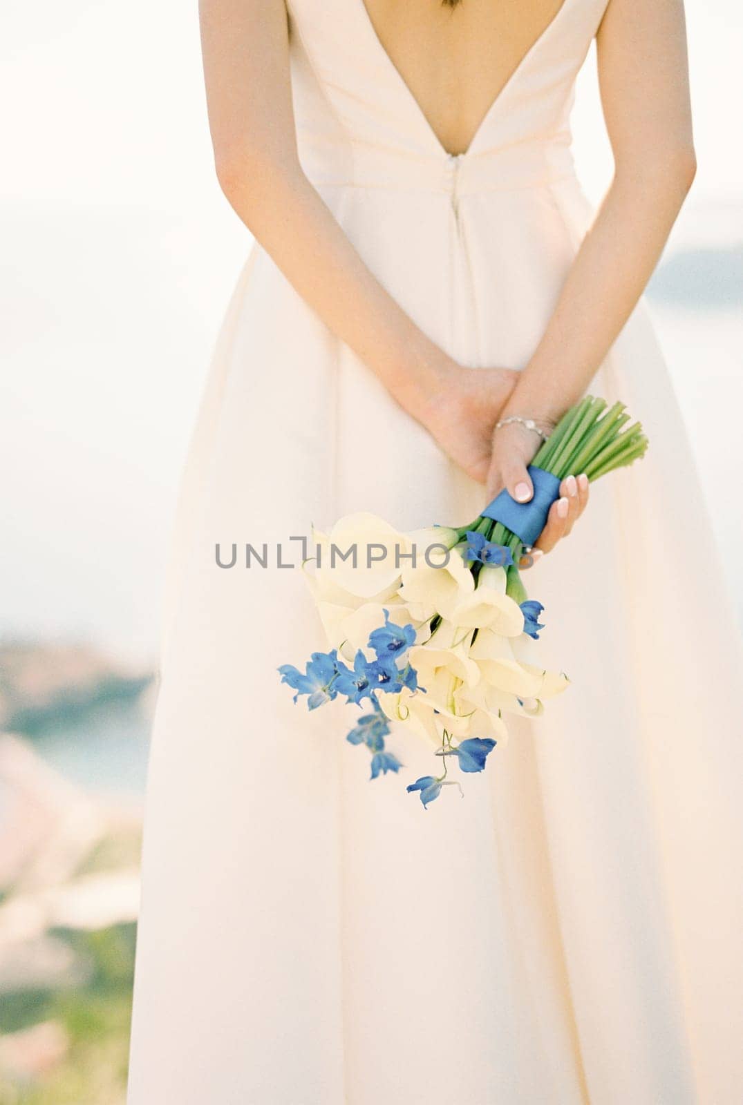 Bride stands with a bouquet of flowers in her hands folded behind her back. Cropped. Back view. High quality photo