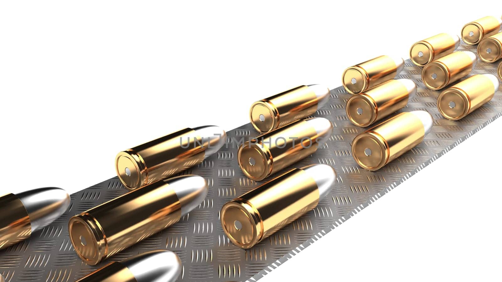Industrial war Bullets on the conveyor arm 3d render