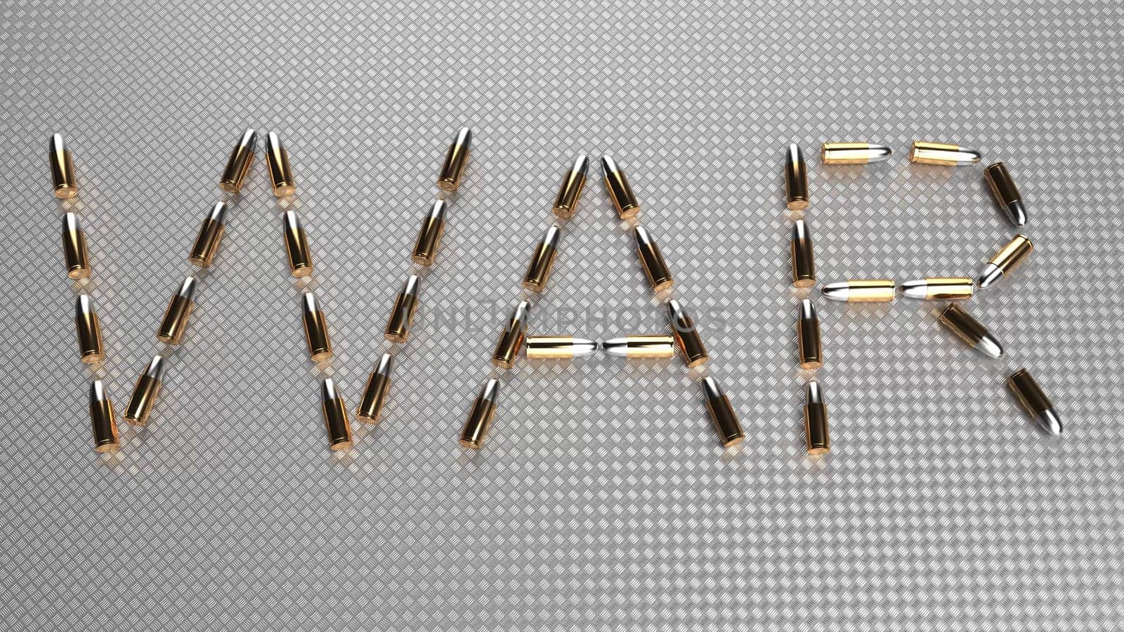 Bullets are laid out in the word WAR on an iron surface 3d render by Zozulinskyi