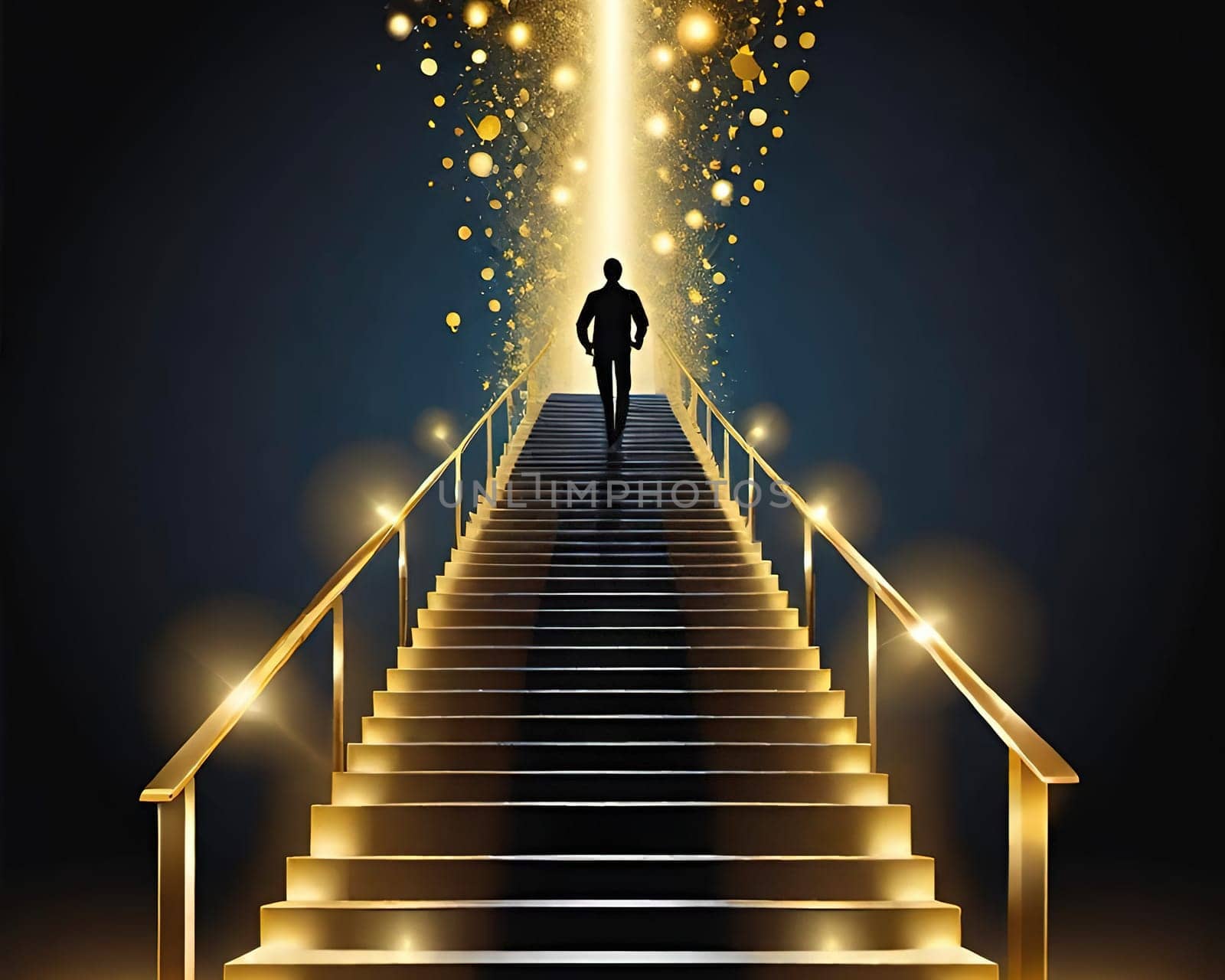 Vector illustration of a businessman climbing a golden stairs on a dark background. Business concept.