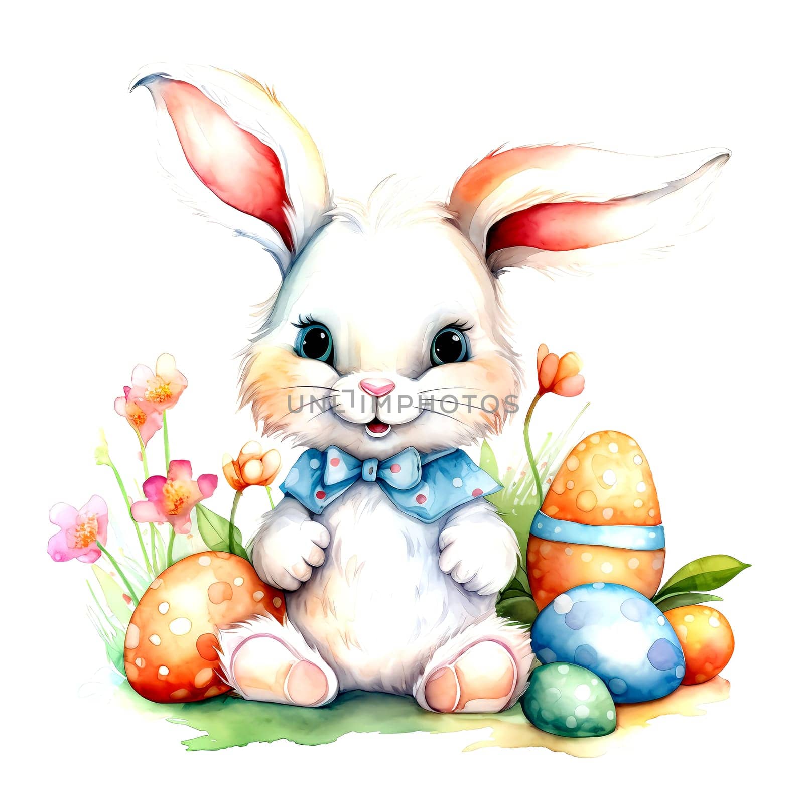 Illustration of the Easter bunny sitting in a clearing with Easter eggs. AI generated