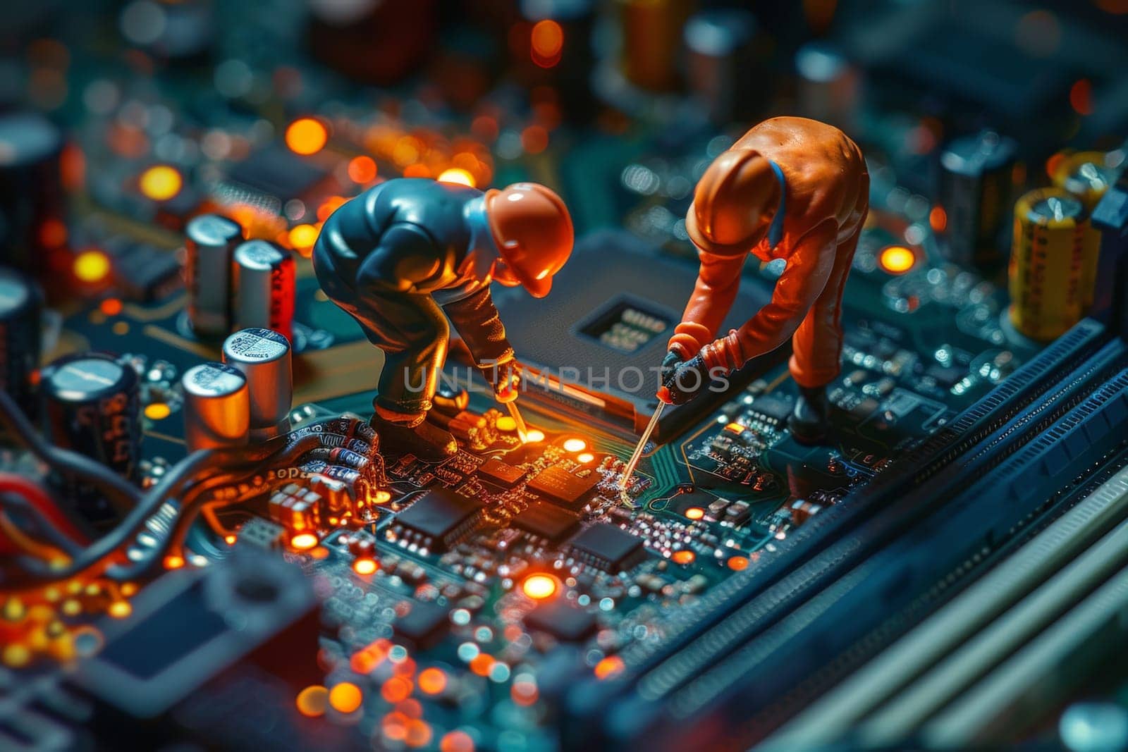 Miniature model, Miniature engineer cleaners working together on a circuit board, Computer repair by nijieimu