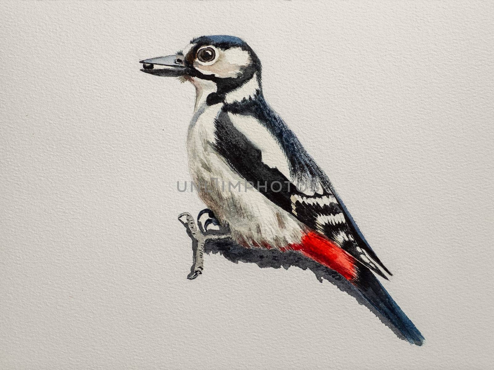 Step-by-step drawing of woodpecker bird with watercolor. Step three of four - final watercolor painting of bird. Woodpecker painting in watercolor. Side view of female great spotted woodpecker