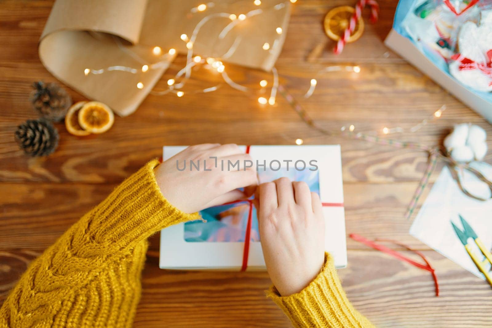 Christmas composition with present box.The concept of packaging the Christmas range and gift.